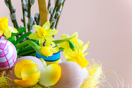 Bright Easter scene with decorated eggs and blooming daffodils, creating a festive spring atmosphere.